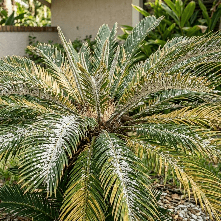 Sago palm frond covered with white cycad scale