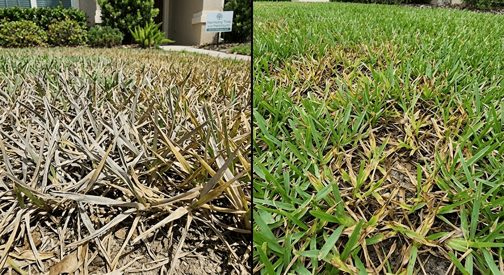 Drought-stressed turf compared with fungal patch damage