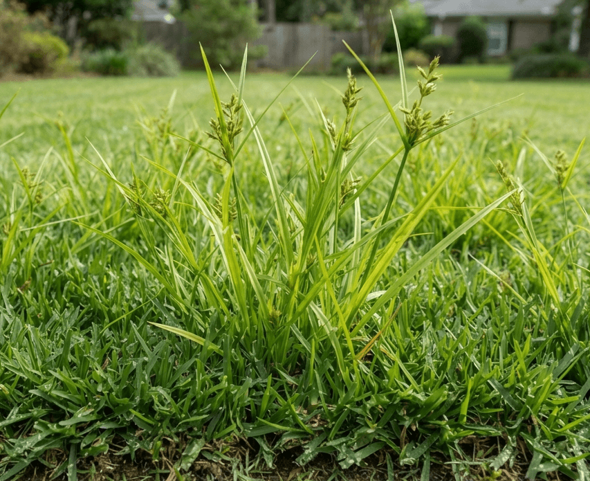Bright green sedge patches growing above freshly mowed turf