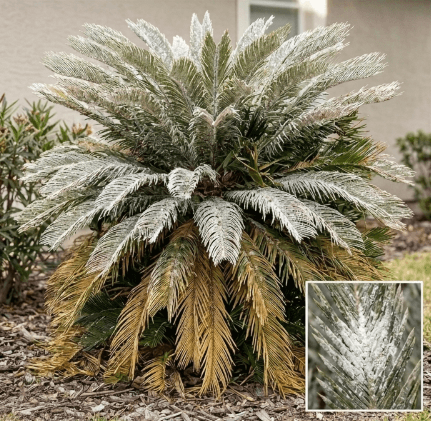 Cycad scale infestation near the crown and lower frond bases of a Sago palm