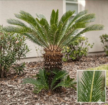 Structurally thinned Sago palm ready for cycad scale treatment