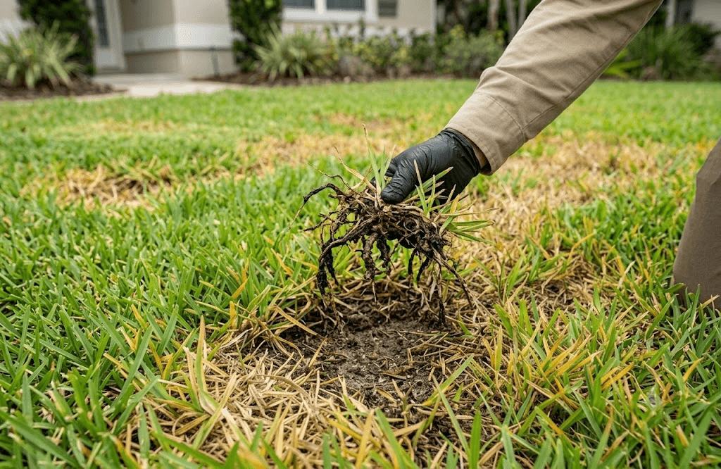 Tug-test turf sample with damaged roots